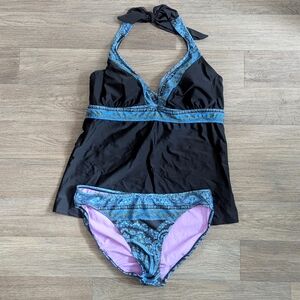Athleta Tankini Swim Halter Top Paisley and Black Women Size 38 B/C Med Bottoms